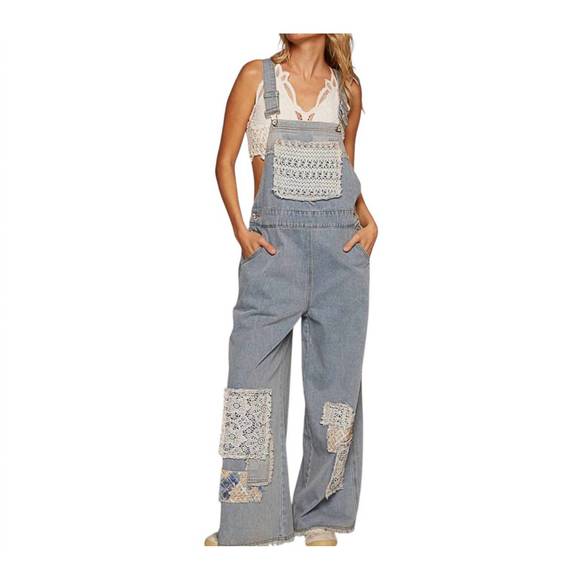 Pol  Blue Soft Textured Patchwork Overalls 30a main image 1